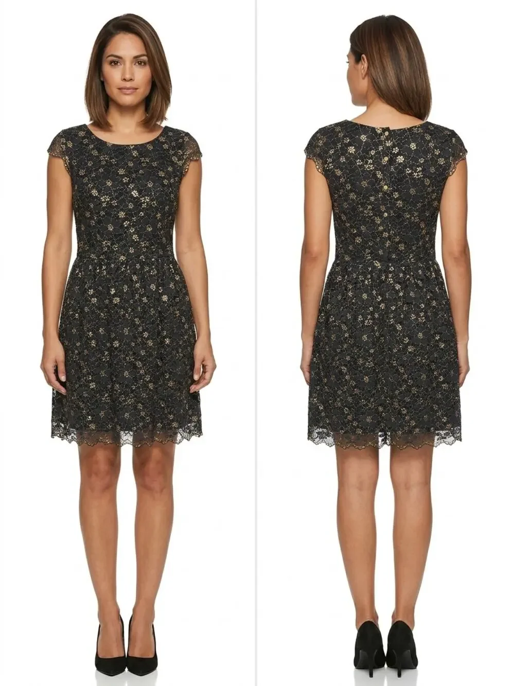 Gianni Bini Black Gold Metallic Floral Lace A-Line Dress Women Size 2